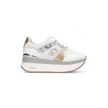 Pantofi sport din piele si piele ecologica cu talpa flatform si garnituri cu aspect metalizat - Alb/Auriu