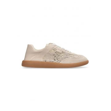 Pantofi sport de piele intoarsa cu broderie florala - Bej inchis/Caramel