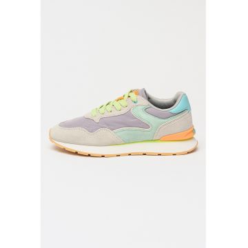 Pantofi sport de piele intoarsa si material textil - Verde/Gri/Portocaliu