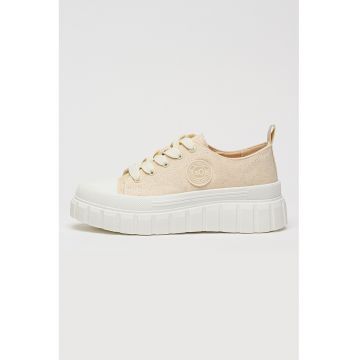 Tenisi flatform din material textil cu aplicatie logo - Alb/Bej deschis