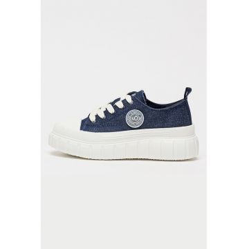 Tenisi flatform din material textil cu aplicatie logo - Bleumarin