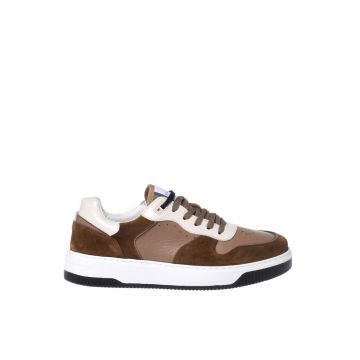 Pantofi sport de piele cu garnituri de piele intoarsa - Alb/Maro taupe