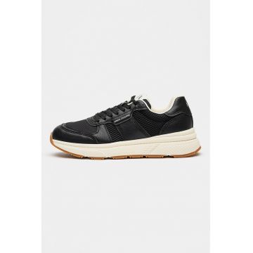 Pantofi sport cu piele ecologica si insertii din plasa - Negru stins