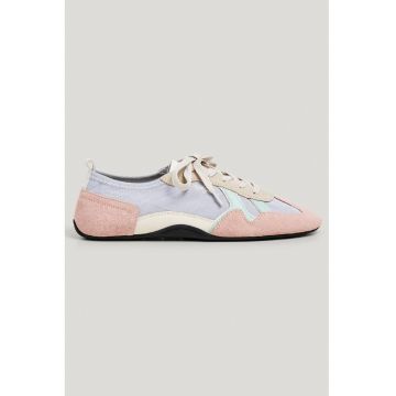 Pantofi sport cu talpa plata si garnituri de piele intoarsa - Albastru azur/Albastru glaciar/Roz prafuit/Bej deschis
