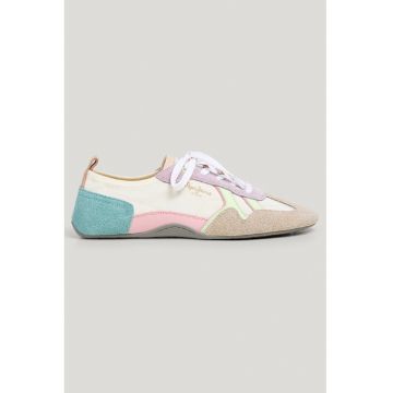 Pantofi sport cu talpa plata si garnituri de piele intoarsa - Roz pastel/Verde pal/Verde persan/Bej deschis
