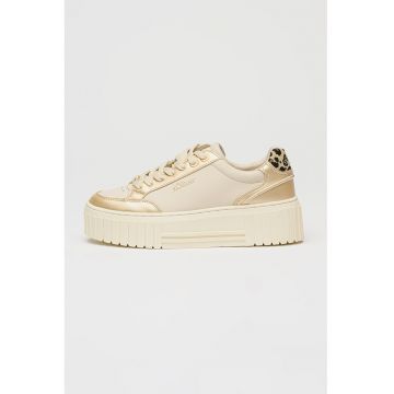Pantofi sport din piele ecologica cu talpa flatform si accente metalizate si model animal print - Maro camel/Alb murdar