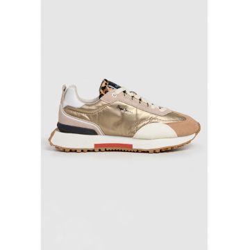 Pantofi sport din piele intoarsa si material textil cu talpa wedge - Auriu/Negru/Roz somon