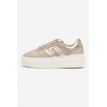 Pantofi sport flatform din piele intoarsa cu detalii cu aspect metalic - Auriu/Gri deschis