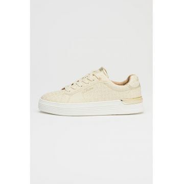 Pantofi sport low-cut din piele ecologica cu logo - Alb fildes/Auriu deschis