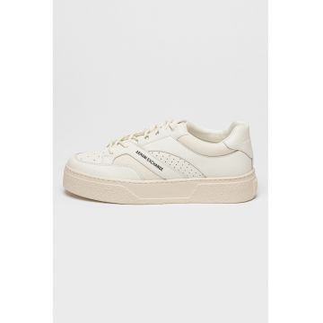 Pantofi sport de piele cu platforma si insertii textile - Verde pal/Alb murdar