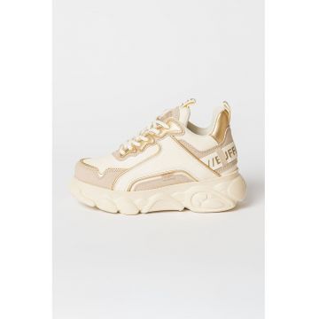 Pantofi sport de piele ecologica cu aspect masiv CLD Chain - Alb/Auriu/Maro taupe deschis