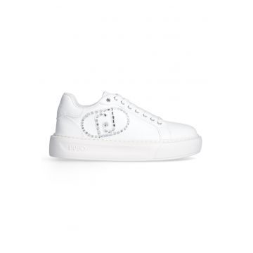 Pantofi sport din piele ecologica cu platforma si logo cu strasuri - Alb/Argintiu