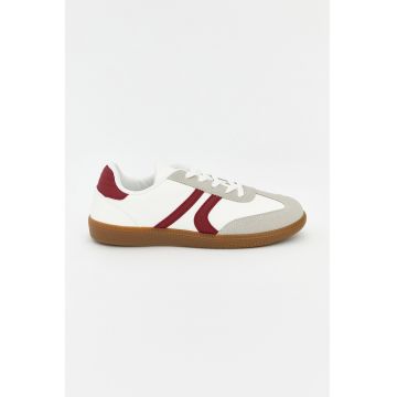 Pantofi sport low-cut de piele ecologica - Alb/Rosu inchis/Maro taupe deschis