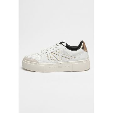 Pantofi sport de piele ecologica cu garnituri de piele intoarsa - Alb/Auriu
