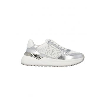 Pantofi sport de piele ecologica si material textil - Alb/Argintiu