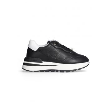 Pantofi sport din piele cu sireturi si platforma - Negru