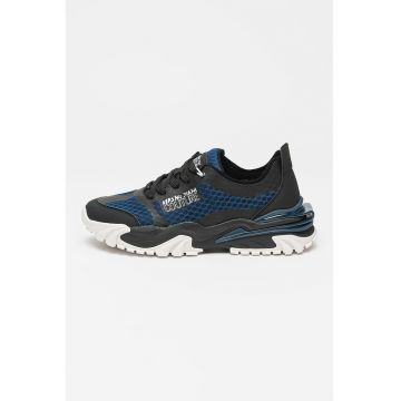 Pantofi sport din piele ecologica si material textil cu detaliu logo - Alb/Negru/Albastru inchis