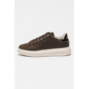 Pantofi sport din piele nabuc cu monograma in relief - Maro inchis