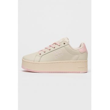 Pantofi sport flatform din piele cu detalii din piele ecologica - Maro taupe deschis/Roz