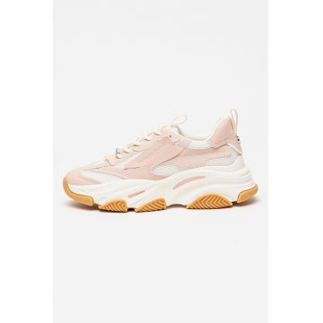 Pantofi sport Possession cu aspect masiv si insertii din plasa - Alb fildes/Roz prafuit