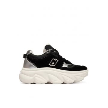 Tenisi dama -  piele naturala - negru/argintiu - material sintetic