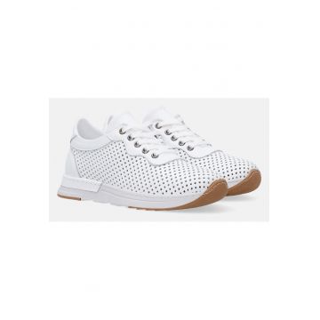 Pantofi sport din piele cu perforatii decorative si model uni