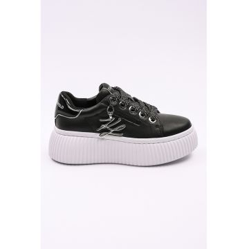 Pantofi sport flatform din piele cu accesoriu logo - Negru