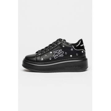 Pantofi sport wedge de piele cu aplicatii cu tinte - Negru/Argintiu