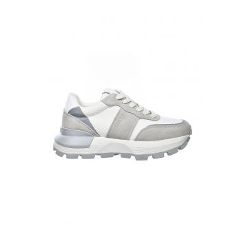 Pantofi sport cu talpa wedge si garnituri din piele intoarsa - Alb/Gri