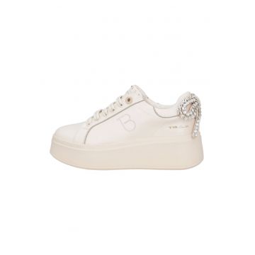Pantofi sport din piele cu funda cu strasuri - Bej deschis