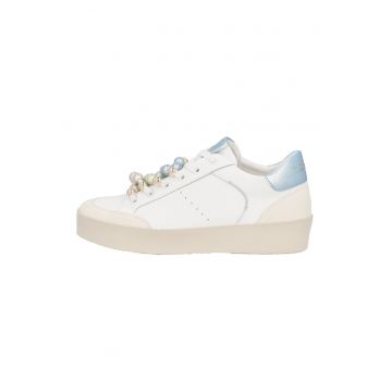 Pantofi sport din piele cu sireturi cu margele - Alb/Albastru glaciar