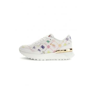 Pantofi sport din piele ecologica cu model monograma - Alb/Galben pai/Rosu inchis