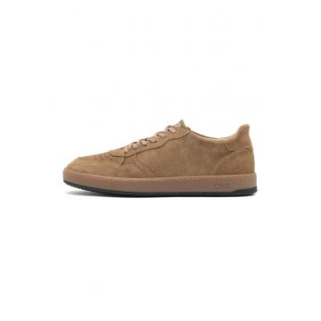 Pantofi sport din piele intoarsa cu detalii perforate - Caramel