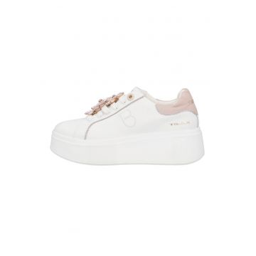 Pantofi sport din piele si piele ecologica - Alb/Piersica