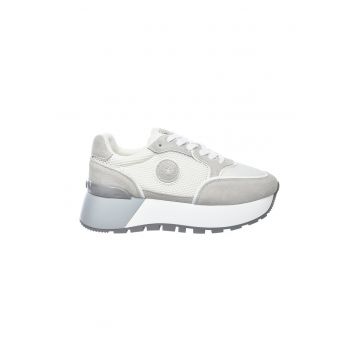 Pantofi sport din plasa cu garnituri din piele intoarsa si talpa masiva - Alb/Gri