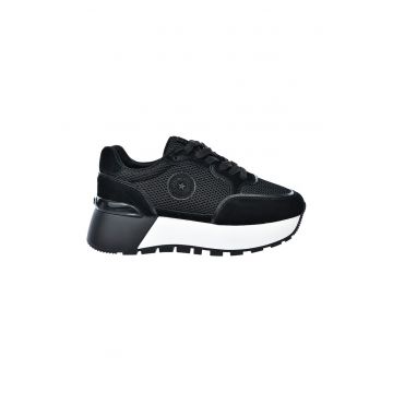 Pantofi sport din plasa cu garnituri din piele intoarsa si talpa masiva - Negru