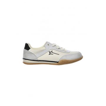 Pantofi sport low-cut cu insertii din piele intoarsa - Alb fildes/Gri