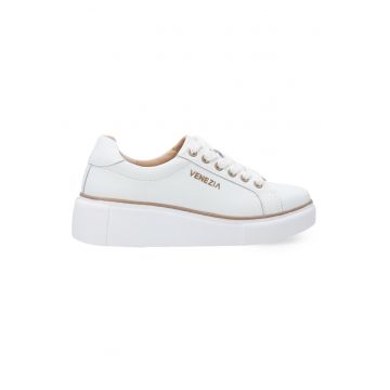 Pantofi sport din piele cu talpa wedge si detaliu logo