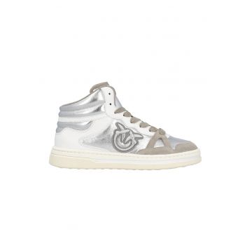 Pantofi sport mid-high cu detalii de piele - Alb/Maro taupe/Argintiu