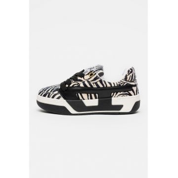 Pantofi sport Ollie din piele cu par scurt si animal print - Alb fildes/Negru