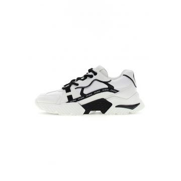 Pantofi sport cu talpa wedge si garnituri din piele ecologica - Alb/Negru