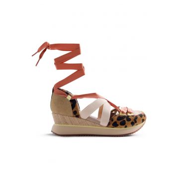 Pantofi sport Desinic wedge cu animal print - Negru/Maro camel
