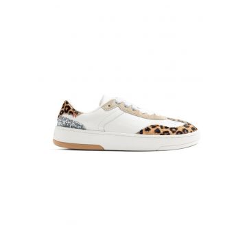 Pantofi sport din piele cu model animal print - Alb/Maro/Argintiu