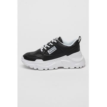 Pantofi sport din piele cu talpa wedge si garnituri din piele ecologica - Negru