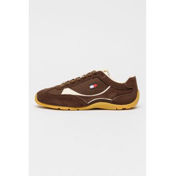 Pantofi sport din piele intoarsa cu garnituri din material textil - Maro cognac