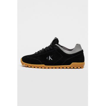 Pantofi sport din piele intoarsa cu sireturi cu texturi variate - Negru/Gri cenusiu