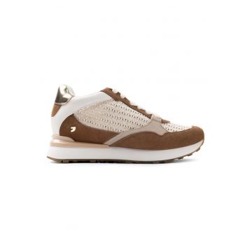 Pantofi sport low-cut din piele intoarsa cu aspect impletit - Bej