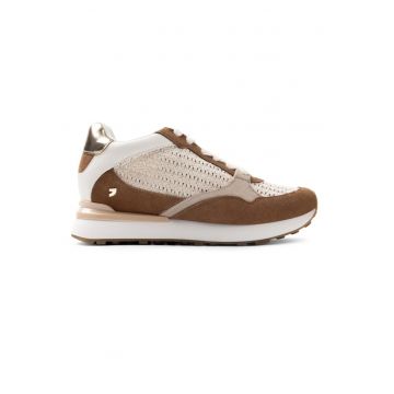 Pantofi sport low-cut din piele intoarsa cu aspect impletit - Bej