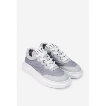 Pantofi dama  gri cu alb din material textil si piele texturata