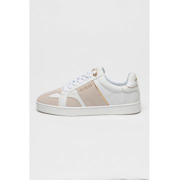 Pantofi sport cu logo si segmente de piele intoarsa - Alb/Auriu/Maro taupe deschis